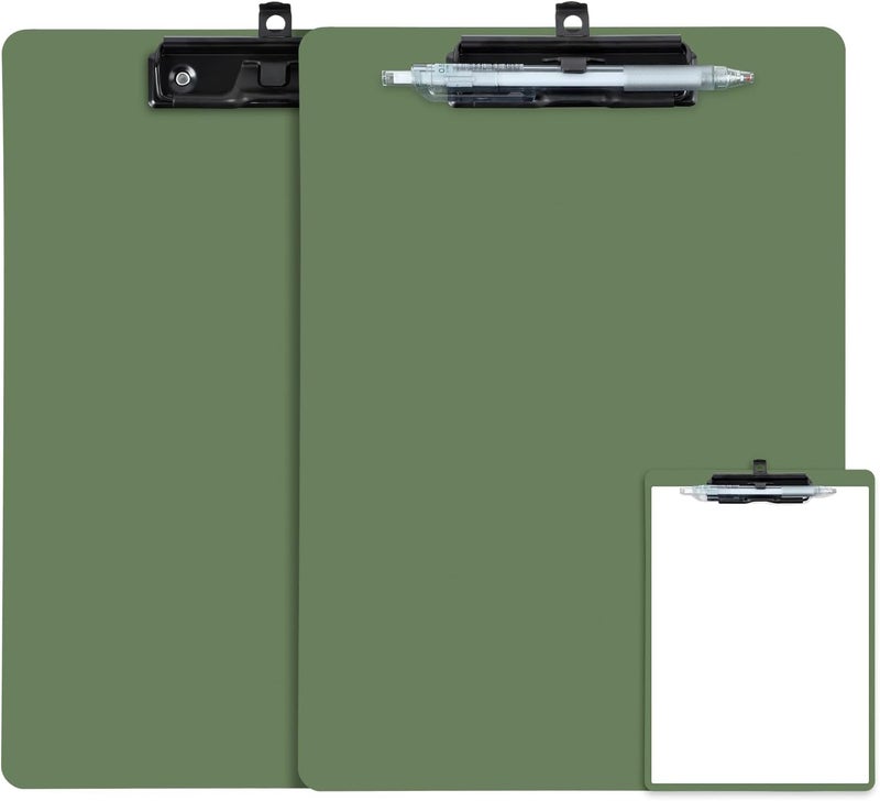 FRETONBA Clipboard with Pen Holder, 2 Pack Plastic Clipboard with Low Profile Metal Clip, Hanging Clip Boards Holds 8.5x11 Inch Papers, Standard A4 Letter Size Clip Boards for Offices & School, Green - Image 1